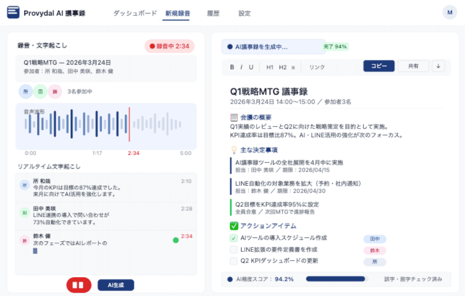 AI議事録ツールのダッシュボード